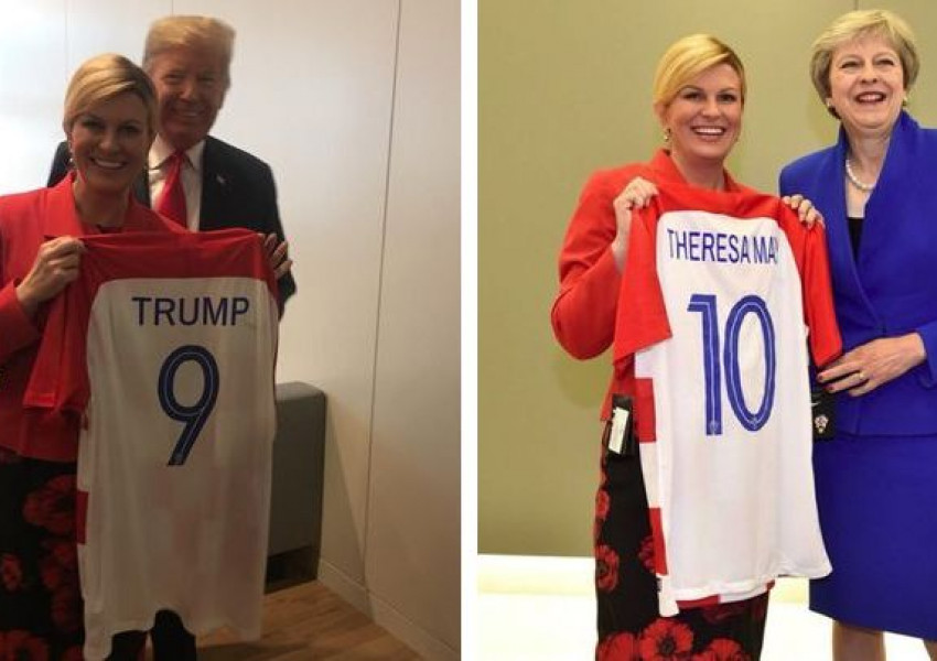 Президентът на Хърватия подари на Тръмп и Мей фланелки на националния отбор (СНИМКА)