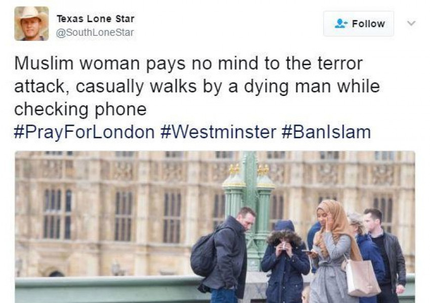 Руски пръст в скандалната снимка на мюсюлманка, подминаваща жертви при атаката пред Уестминстър