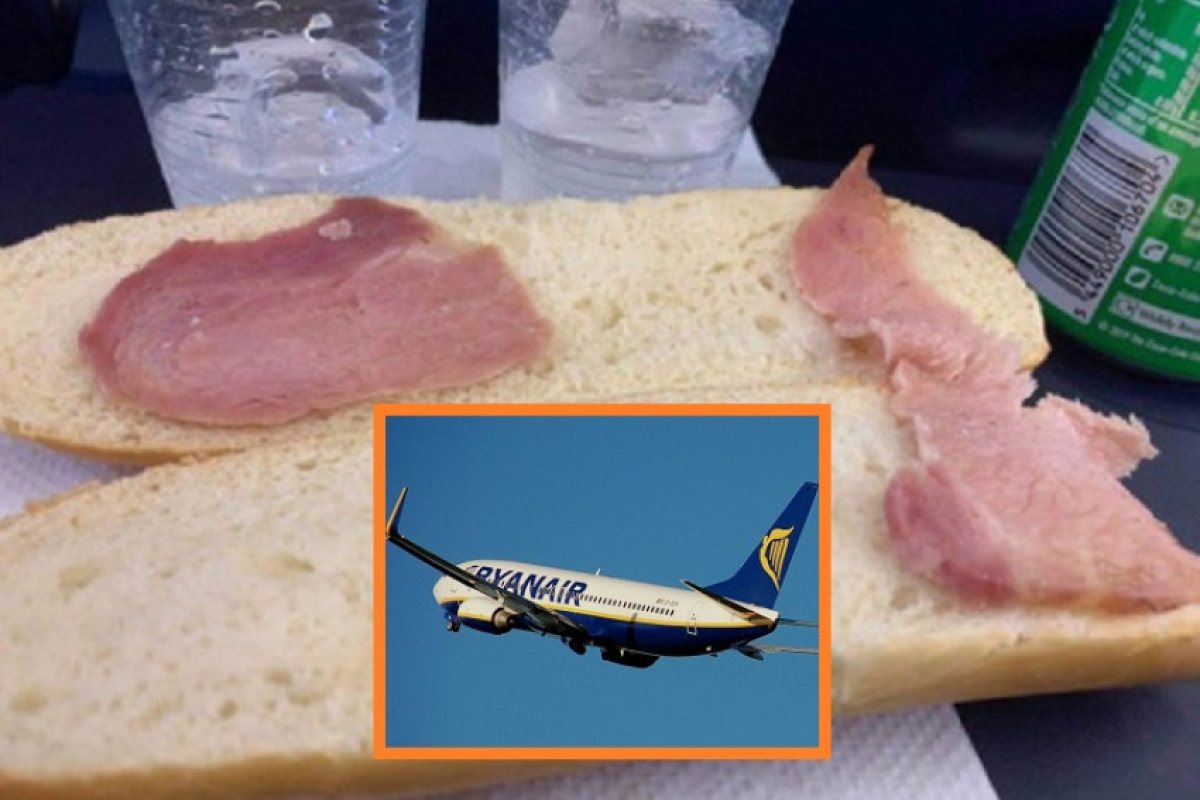 Самотно парче бекон върху канапе от трохи се предлага за сандвич от Ryanair 