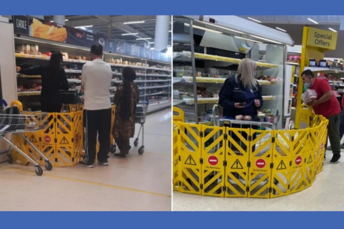 Теско използва бариери за клиентите си, за да може служителите да наредят намалените стоки по рафтовете