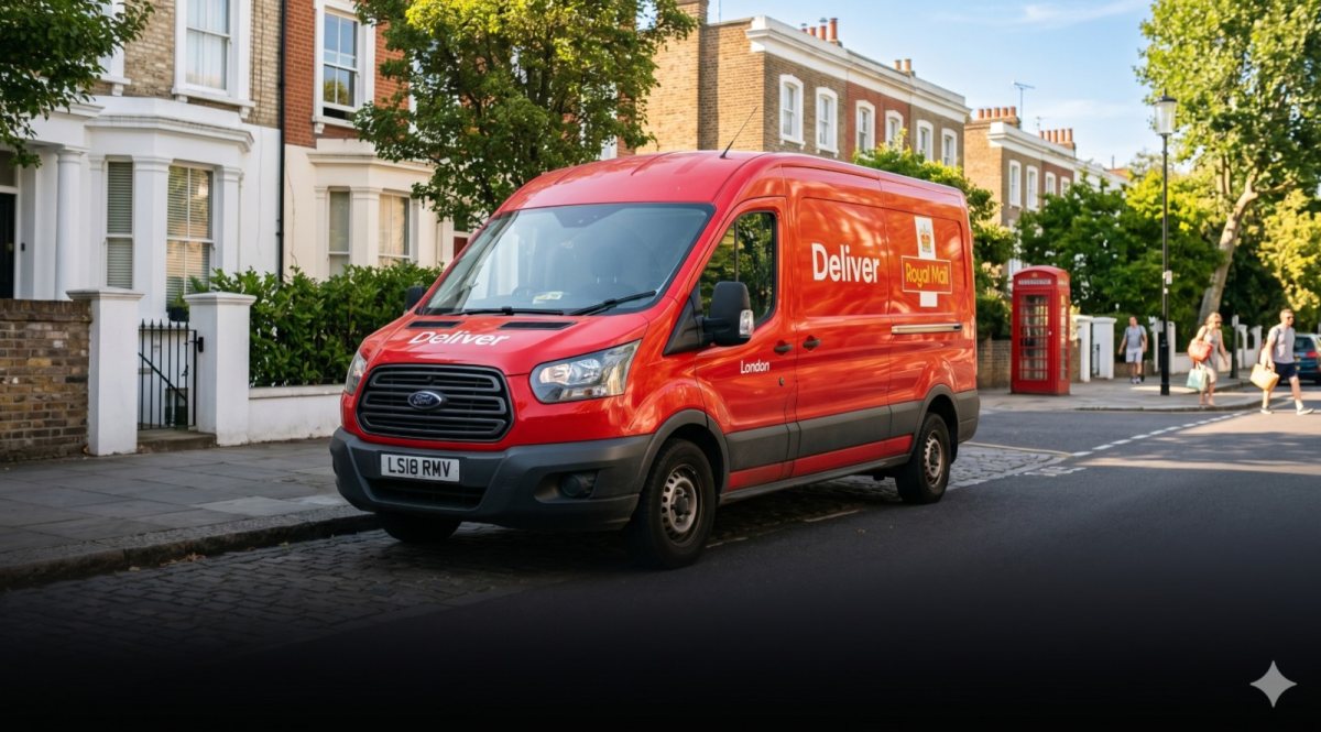 Червен ван наподобяващ онези с които разнася пощата Royal Mail на типична лондонска улица