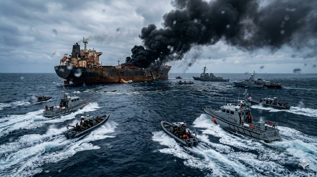 Професионална фотожурналистическа снимка, изобразяваща спасителна операция в открити води след предполагаема атака с подводница срещу ирански кораб край бреговете на Шри Ланка. Изображението показва мащаба на ескалиращия конфликт извън границите на Близкия изток.