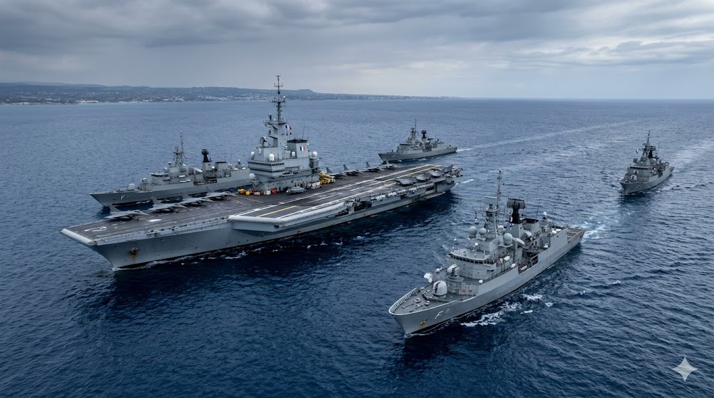 Професионална фотожурналистическа снимка на френския ядрен самолетоносач "Шарл дьо Гол" и ескортиращи го гръцки фрегати, разположени в Средиземно море край бреговете на Кипър. Военноморската група е изпратена спешно за укрепване на противовъздушната отбрана около британските военни бази в региона на фона на ескалиращия конфликт.