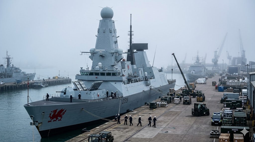 Професионална фотожурналистическа снимка на британския разрушител HMS Dragon, подготвящ се за отплаване от пристанището в Портсмут към Близкия изток, в отговор на ескалиращия военен конфликт и необходимостта от защита на британските бази в Кипър.